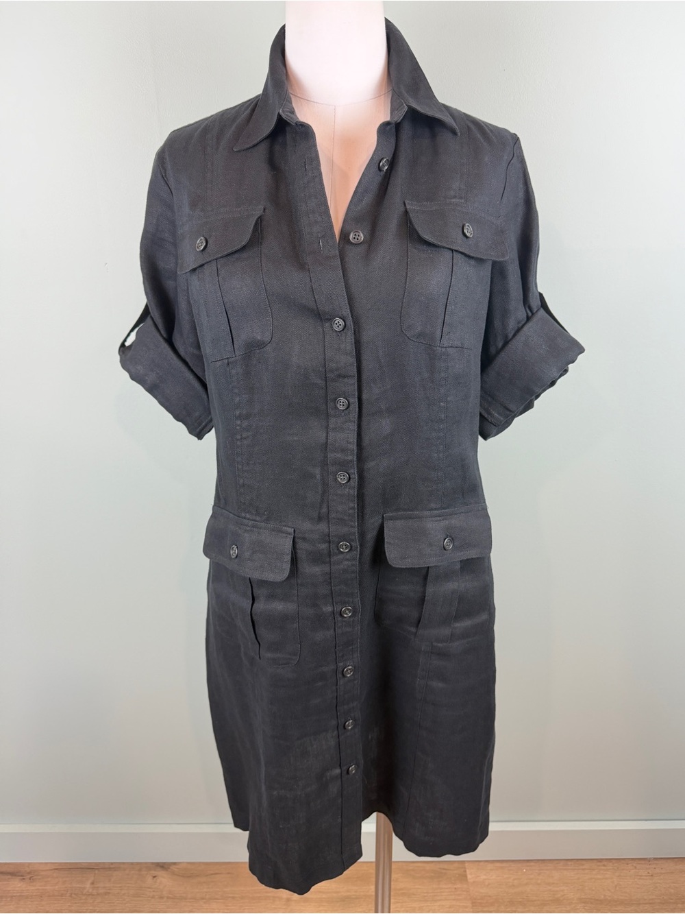 Lauren Ralph Lauren Black Linen Cargo Button down shirt Dress 12P safari